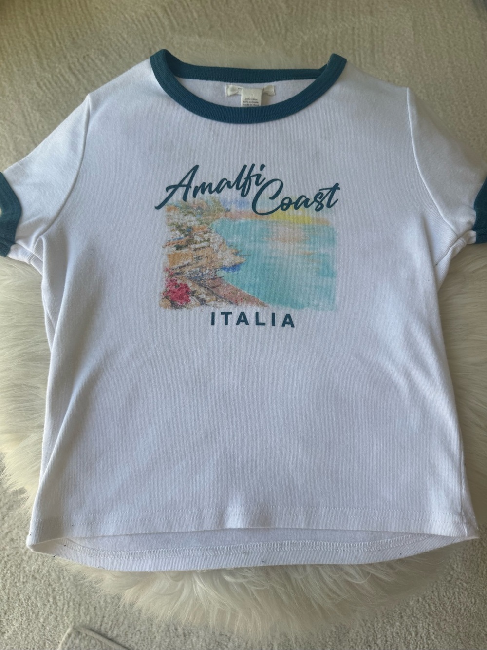 Tilly's White Tee with Teal Ringer and Amalfi Coast Graphic - Kids Girls Large